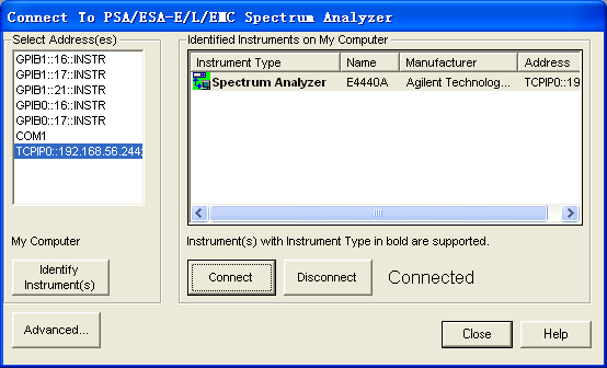 点击Connect to PSA/ESA-E/L Spectrum Mask图标